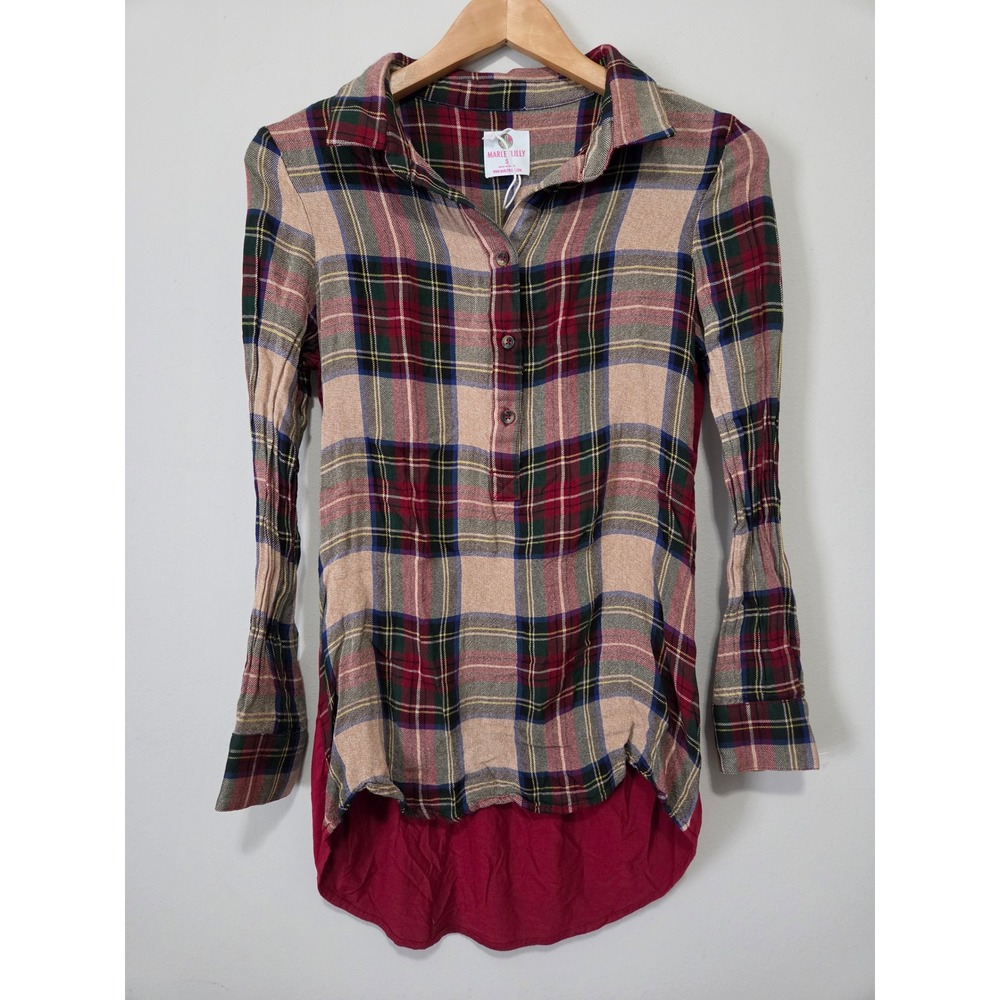Marleylilly Plaid High Low Tunic Top Womens Small Burgundy Check Long Sleeve